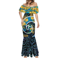 New Zealand Tui Bird Mermaid Dress Maori Koru With Kowhai Flowers