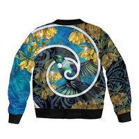 New Zealand Tui Bird Sleeve Zip Bomber Jacket Maori Koru With Kowhai Flowers