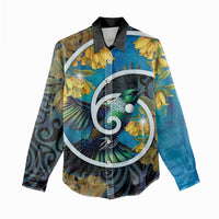 New Zealand Tui Bird Women Casual Shirt Maori Koru With Kowhai Flowers