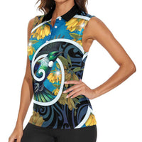 New Zealand Tui Bird Women Sleeveless Polo Shirt Maori Koru With Kowhai Flowers