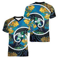 New Zealand Tui Bird Women V-Neck T-Shirt Maori Koru With Kowhai Flowers