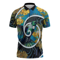 New Zealand Tui Bird Zipper Polo Shirt Maori Koru With Kowhai Flowers