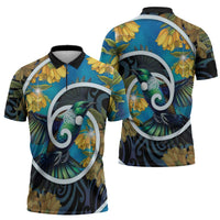 New Zealand Tui Bird Zipper Polo Shirt Maori Koru With Kowhai Flowers