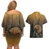 New Zealand Kiwi Bird Couples Matching Off Shoulder Short Dress and Hawaiian Shirt Silver Fern Mix Maori Pattern