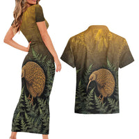 New Zealand Kiwi Bird Couples Matching Short Sleeve Bodycon Dress and Hawaiian Shirt Silver Fern Mix Maori Pattern