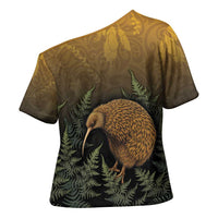New Zealand Kiwi Bird Cross Shoulder Shirt Silver Fern Mix Maori Pattern