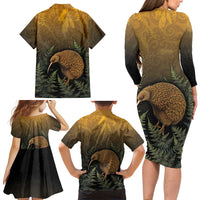 New Zealand Kiwi Bird Family Matching Long Sleeve Bodycon Dress and Hawaiian Shirt Silver Fern Mix Maori Pattern