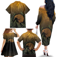 New Zealand Kiwi Bird Family Matching Off The Shoulder Long Sleeve Dress and Hawaiian Shirt Silver Fern Mix Maori Pattern