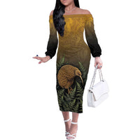 New Zealand Kiwi Bird Family Matching Off The Shoulder Long Sleeve Dress and Hawaiian Shirt Silver Fern Mix Maori Pattern