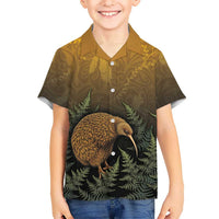 New Zealand Kiwi Bird Kid Hawaiian Shirt Silver Fern Mix Maori Pattern