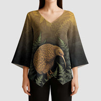 New Zealand Kiwi Bird Kimono Sleeve Blouse Silver Fern Mix Maori Pattern