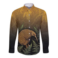 New Zealand Kiwi Bird Long Sleeve Button Shirt Silver Fern Mix Maori Pattern
