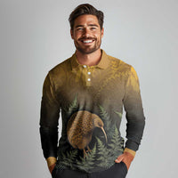 New Zealand Kiwi Bird Long Sleeve Polo Shirt Silver Fern Mix Maori Pattern
