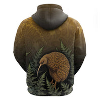 New Zealand Kiwi Bird Zip Hoodie Silver Fern Mix Maori Pattern