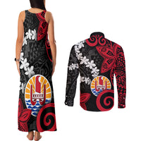 Tahiti Heiva Festival Couples Matching Tank Maxi Dress and Long Sleeve Button Shirt Floral Pattern With Coat Of Arms