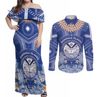 Marshall Islands Jemenei Day Couples Matching Off Shoulder Maxi Dress and Long Sleeve Button Shirt Polynesian Tribal Tattoo Seashell Necklace