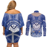 Marshall Islands Jemenei Day Couples Matching Off Shoulder Short Dress and Long Sleeve Button Shirt Polynesian Tribal Tattoo Seashell Necklace