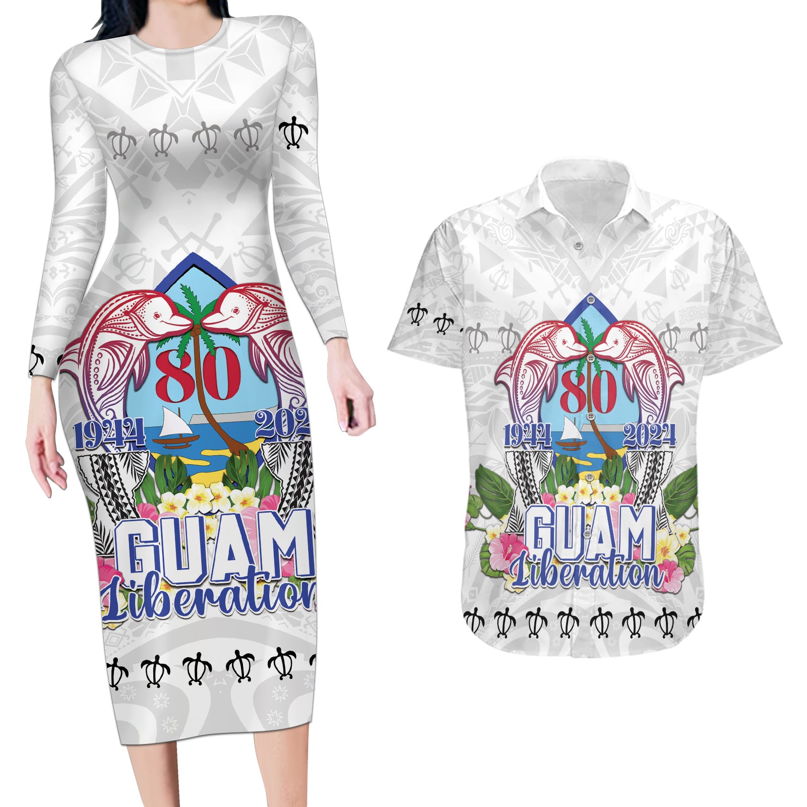 Guam Chamorro Liberation Day Couples Matching Long Sleeve Bodycon Dress and Hawaiian Shirt 80th Anniversary