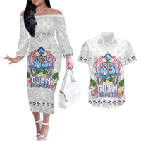 Guam Chamorro Liberation Day Couples Matching Off The Shoulder Long Sleeve Dress and Hawaiian Shirt 82nd Anniversary LT05 White - Polynesian Pride