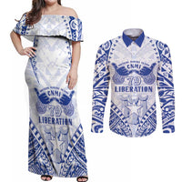 Northern Mariana Islands Liberation Day Couples Matching Off Shoulder Maxi Dress and Long Sleeve Button Shirt 79th Anniversary LT05 Blue - Polynesian Pride