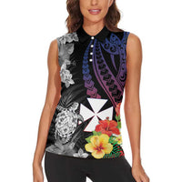Wallis and Futuna Bastille Day Women Sleeveless Polo Shirt Tropical Turtle Hibiscus Polynesian Pattern LT05 - Polynesian Pride