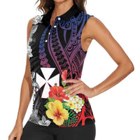 Wallis and Futuna Bastille Day Women Sleeveless Polo Shirt Tropical Turtle Hibiscus Polynesian Pattern LT05 - Polynesian Pride