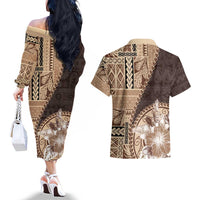 Samoa Siapo Elegant Couples Matching Off The Shoulder Long Sleeve Dress and Hawaiian Shirt Hibiscus Chocolate Brown Motifs - Polynesian Pride