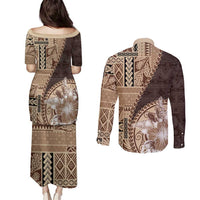 Samoa Siapo Elegant Couples Matching Puletasi and Long Sleeve Button Shirt Hibiscus Chocolate Brown Motifs - Polynesian Pride