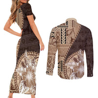 Samoa Siapo Elegant Couples Matching Short Sleeve Bodycon Dress and Long Sleeve Button Shirt Hibiscus Chocolate Brown Motifs - Polynesian Pride