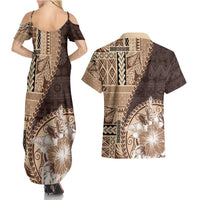Samoa Siapo Elegant Couples Matching Summer Maxi Dress and Hawaiian Shirt Hibiscus Chocolate Brown Motifs - Polynesian Pride