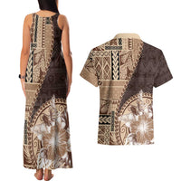 Samoa Siapo Elegant Couples Matching Tank Maxi Dress and Hawaiian Shirt Hibiscus Chocolate Brown Motifs - Polynesian Pride