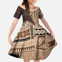Samoa Siapo Elegant Family Matching Off The Shoulder Long Sleeve Dress and Hawaiian Shirt Hibiscus Chocolate Brown Motifs - Polynesian Pride