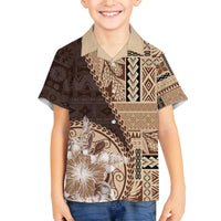 Samoa Siapo Elegant Family Matching Off The Shoulder Long Sleeve Dress and Hawaiian Shirt Hibiscus Chocolate Brown Motifs - Polynesian Pride