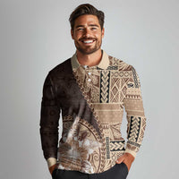 Samoa Siapo Elegant Long Sleeve Polo Shirt Hibiscus Chocolate Brown Motifs LT05 - Polynesian Pride