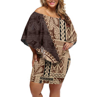 Samoa Siapo Elegant Off Shoulder Short Dress Hibiscus Chocolate Brown Motifs - Polynesian Pride