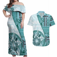 Samoa Siapo Elegant Couples Matching Off Shoulder Maxi Dress and Hawaiian Shirt Hibiscus Teal Motifs - Polynesian Pride