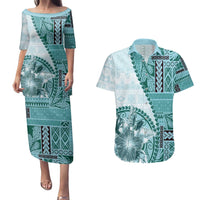 Samoa Siapo Elegant Couples Matching Puletasi and Hawaiian Shirt Hibiscus Teal Motifs LT05 Teal - Polynesian Pride