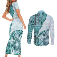 Samoa Siapo Elegant Couples Matching Short Sleeve Bodycon Dress and Long Sleeve Button Shirt Hibiscus Teal Motifs - Polynesian Pride