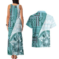 Samoa Siapo Elegant Couples Matching Tank Maxi Dress and Hawaiian Shirt Hibiscus Teal Motifs - Polynesian Pride