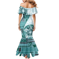 Samoa Siapo Elegant Family Matching Mermaid Dress and Hawaiian Shirt Hibiscus Teal Motifs - Polynesian Pride