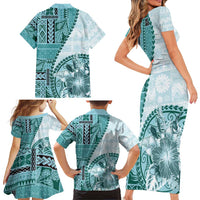 Samoa Siapo Elegant Family Matching Short Sleeve Bodycon Dress and Hawaiian Shirt Hibiscus Teal Motifs - Polynesian Pride