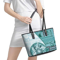 Samoa Siapo Elegant Leather Tote Bag Hibiscus Teal Motifs - Polynesian Pride