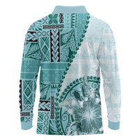 Samoa Siapo Elegant Long Sleeve Polo Shirt Hibiscus Teal Motifs LT05 - Polynesian Pride