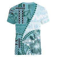 Samoa Siapo Elegant Women V-Neck T-Shirt Hibiscus Teal Motifs - Polynesian Pride