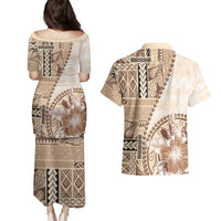 Samoa Siapo Elegant Couples Matching Puletasi and Hawaiian Shirt Hibiscus Beige Motifs LT05 - Polynesian Pride