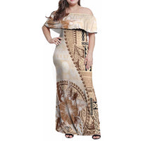 Samoa Siapo Elegant Family Matching Off Shoulder Maxi Dress and Hawaiian Shirt Hibiscus Beige Motifs - Polynesian Pride