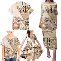 Samoa Siapo Elegant Family Matching Puletasi and Hawaiian Shirt Hibiscus Beige Motifs - Polynesian Pride