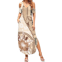 Samoa Siapo Elegant Family Matching Summer Maxi Dress and Hawaiian Shirt Hibiscus Beige Motifs - Polynesian Pride