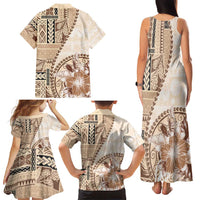 Samoa Siapo Elegant Family Matching Tank Maxi Dress and Hawaiian Shirt Hibiscus Beige Motifs - Polynesian Pride