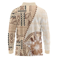 Samoa Siapo Elegant Long Sleeve Polo Shirt Hibiscus Beige Motifs LT05 - Polynesian Pride